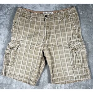 Plugg Cargo Shorts Mens 36‎ Brown Plaid Pockets Y2K Grunge Baggy Wide Leg 2000s